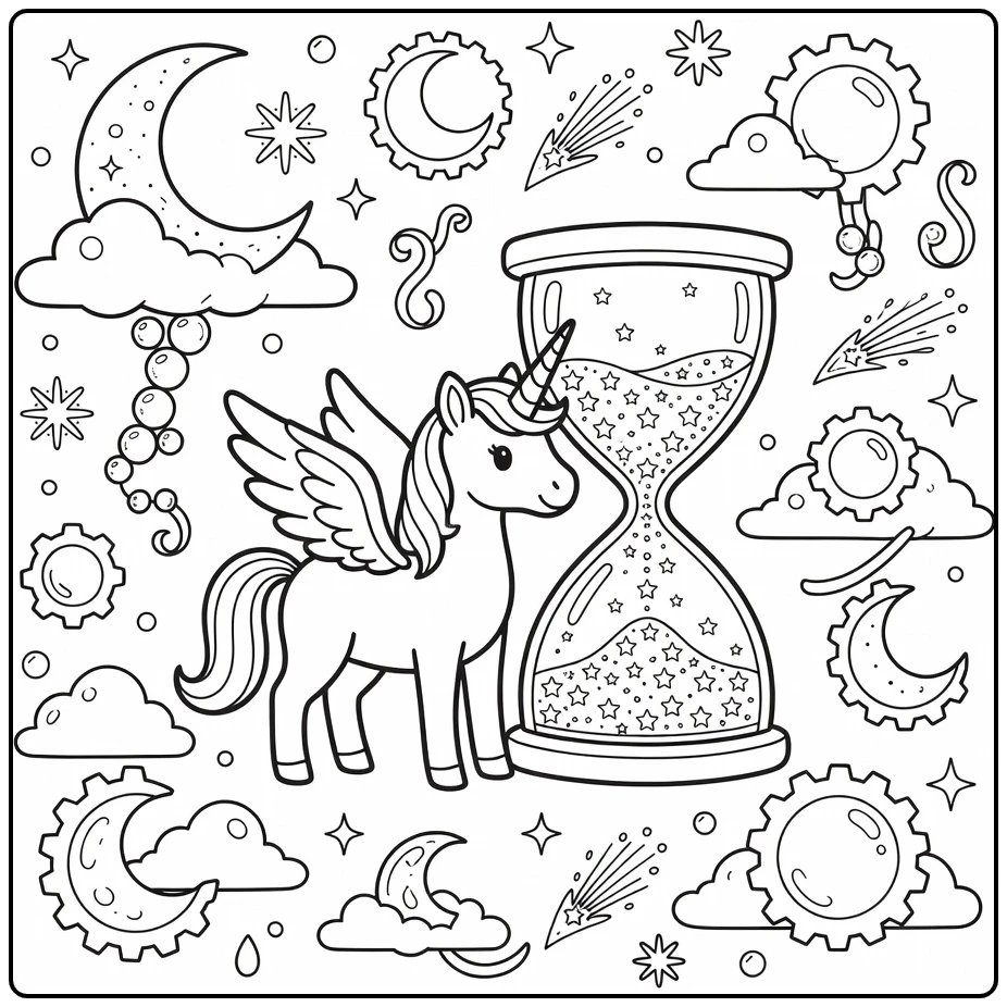 Alicorn coloring page: unicorn with starry hourglass