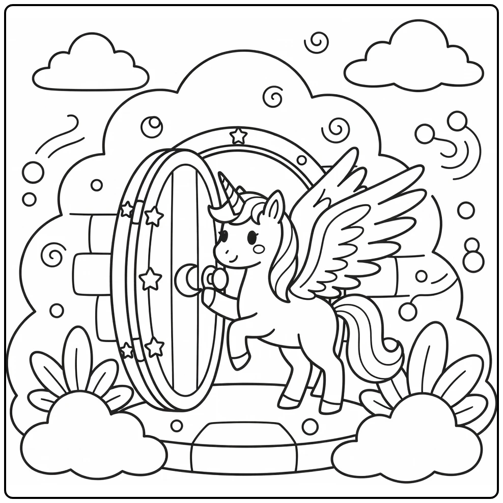 Alicorn coloring page: winged unicorn opens magical cloud door