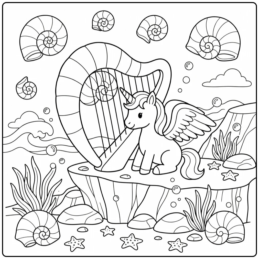 Alicorn coloring page: winged unicorn plays shell harp on cliff