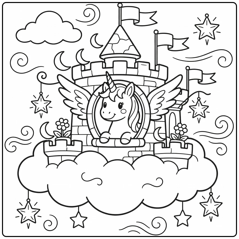 Alicorn coloring page: winged unicorn peeking from cloud castle