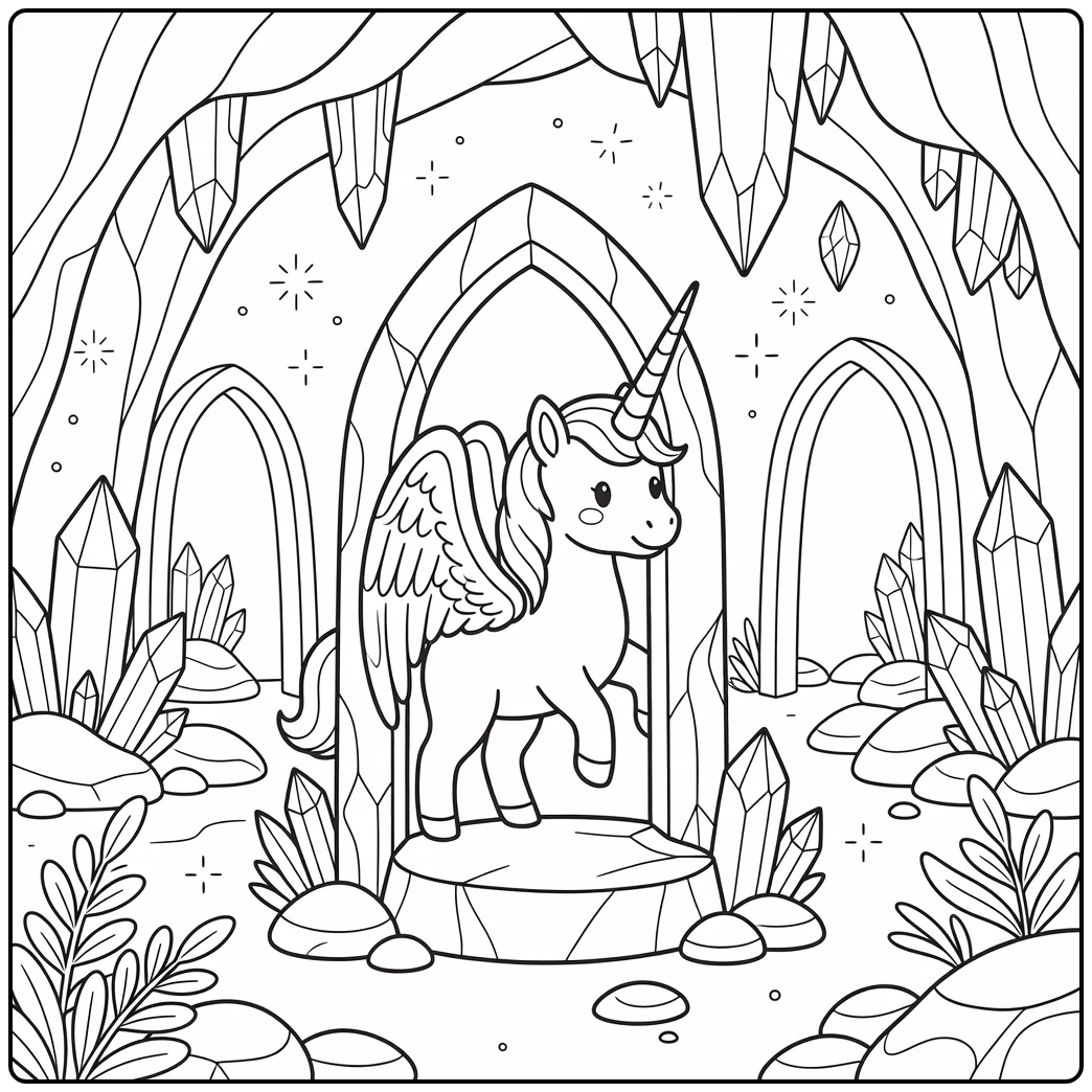 Alicorn coloring page: winged unicorn in crystal cave archway