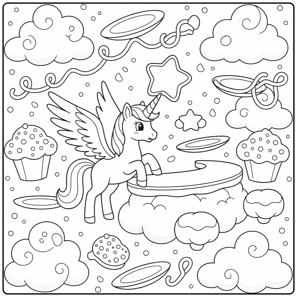 Alicorn coloring page: winged unicorn balances star cookie