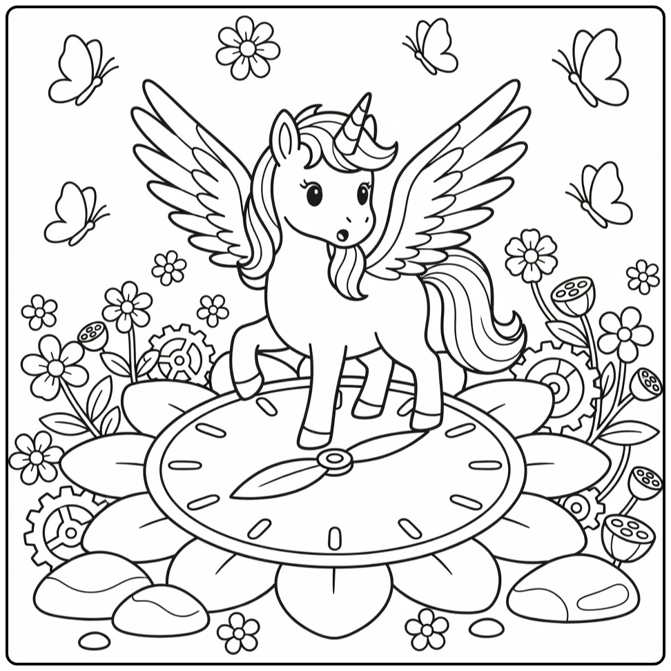 Alicorn coloring page: surprised winged unicorn stops flower clock