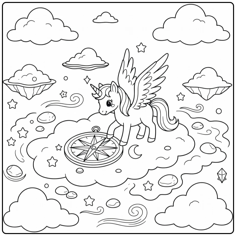 Alicorn coloring page: winged unicorn nosing cloud compass rose