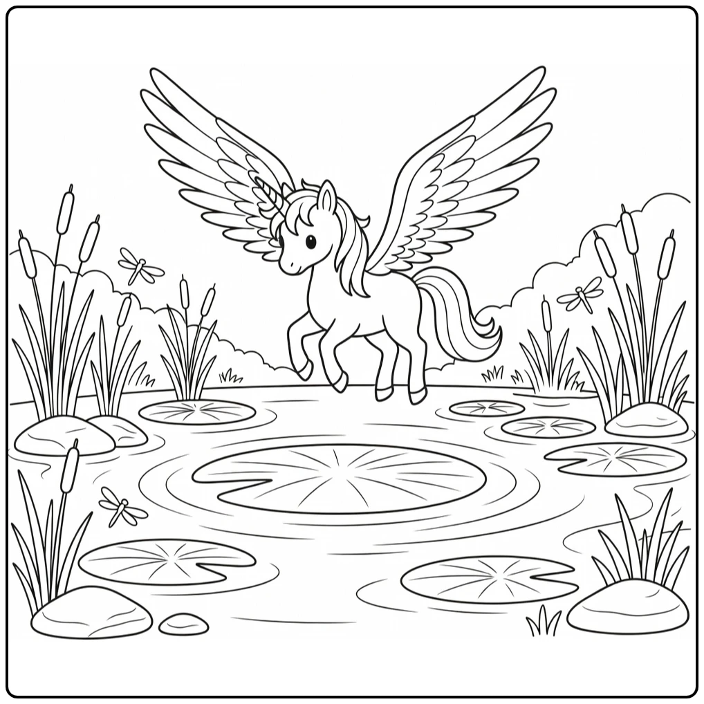 Alicorn coloring page: winged unicorn hovers over lily pad pond