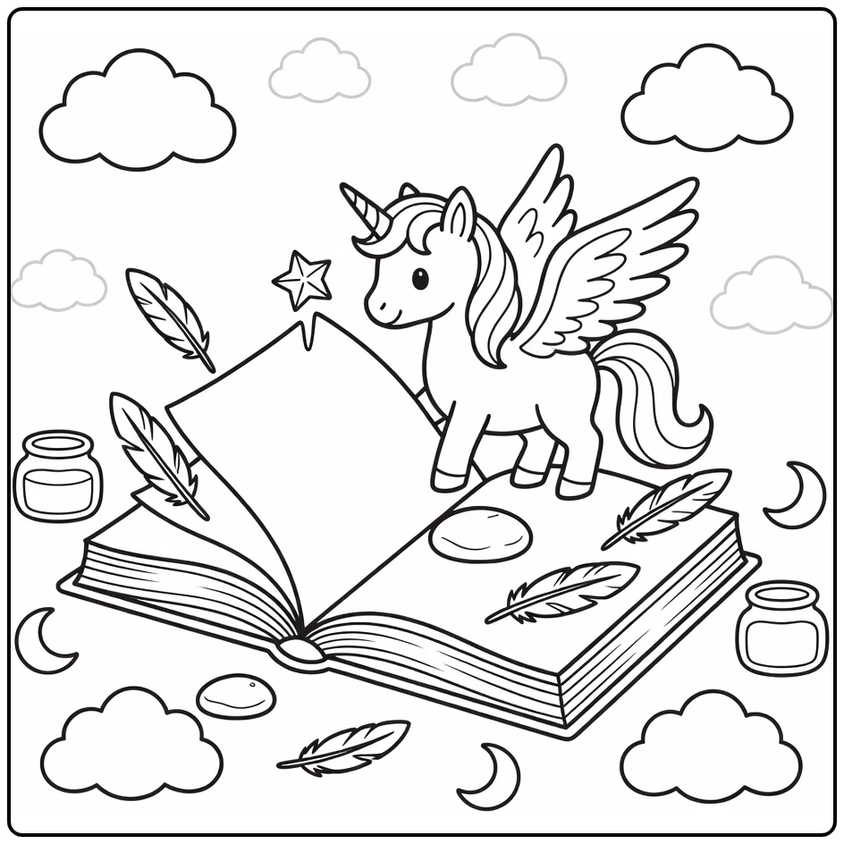 Alicorn coloring page: winged unicorn on open book turning page
