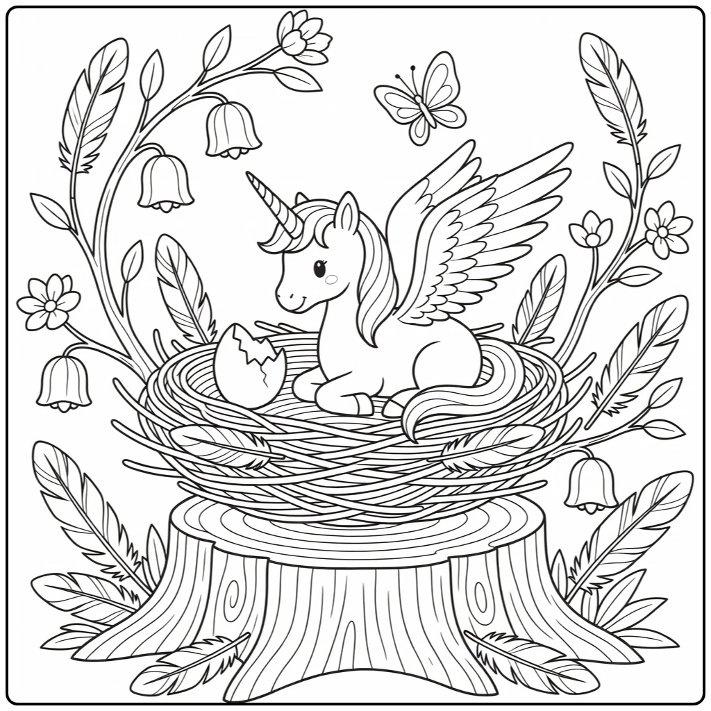 Alicorn coloring page: winged unicorn in giant nest