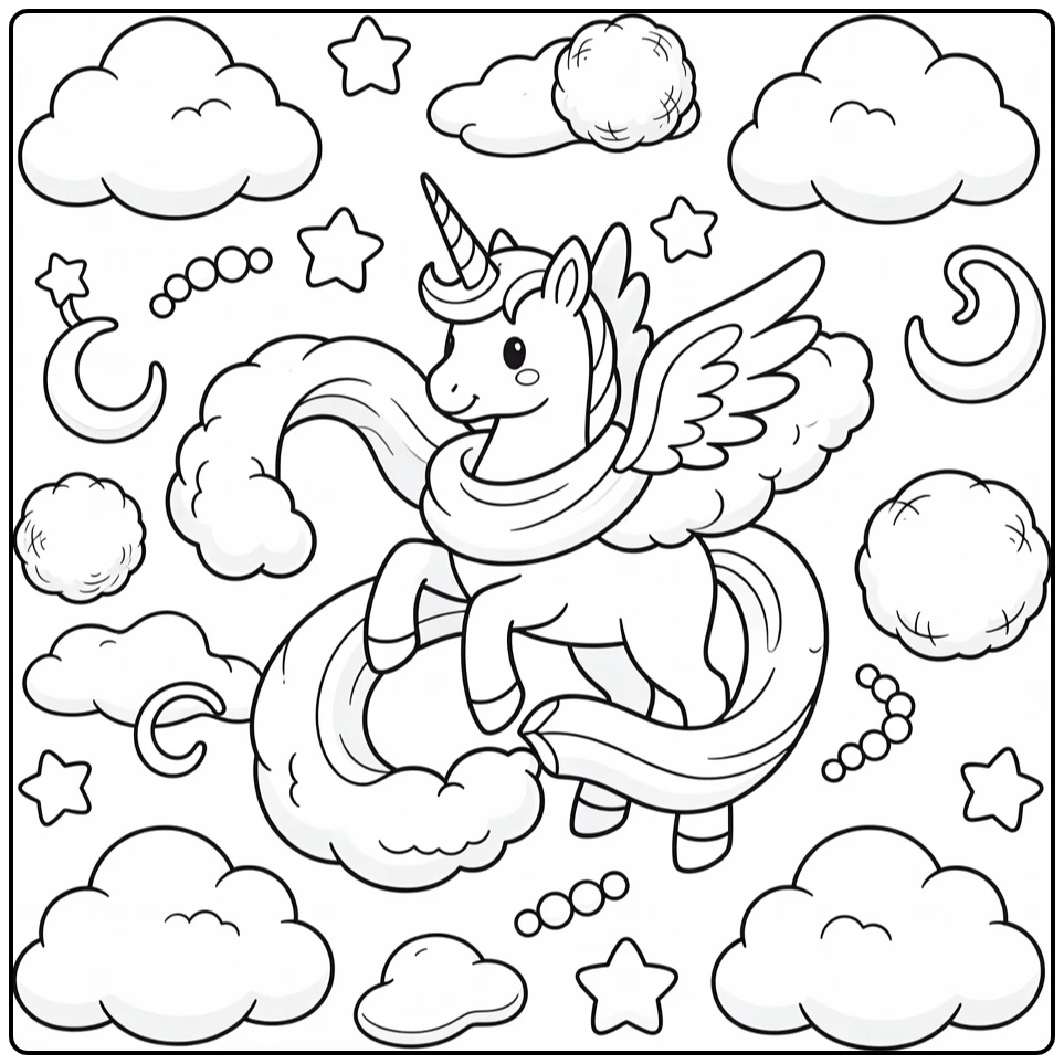 Alicorn coloring page: winged unicorn in cloud scarf