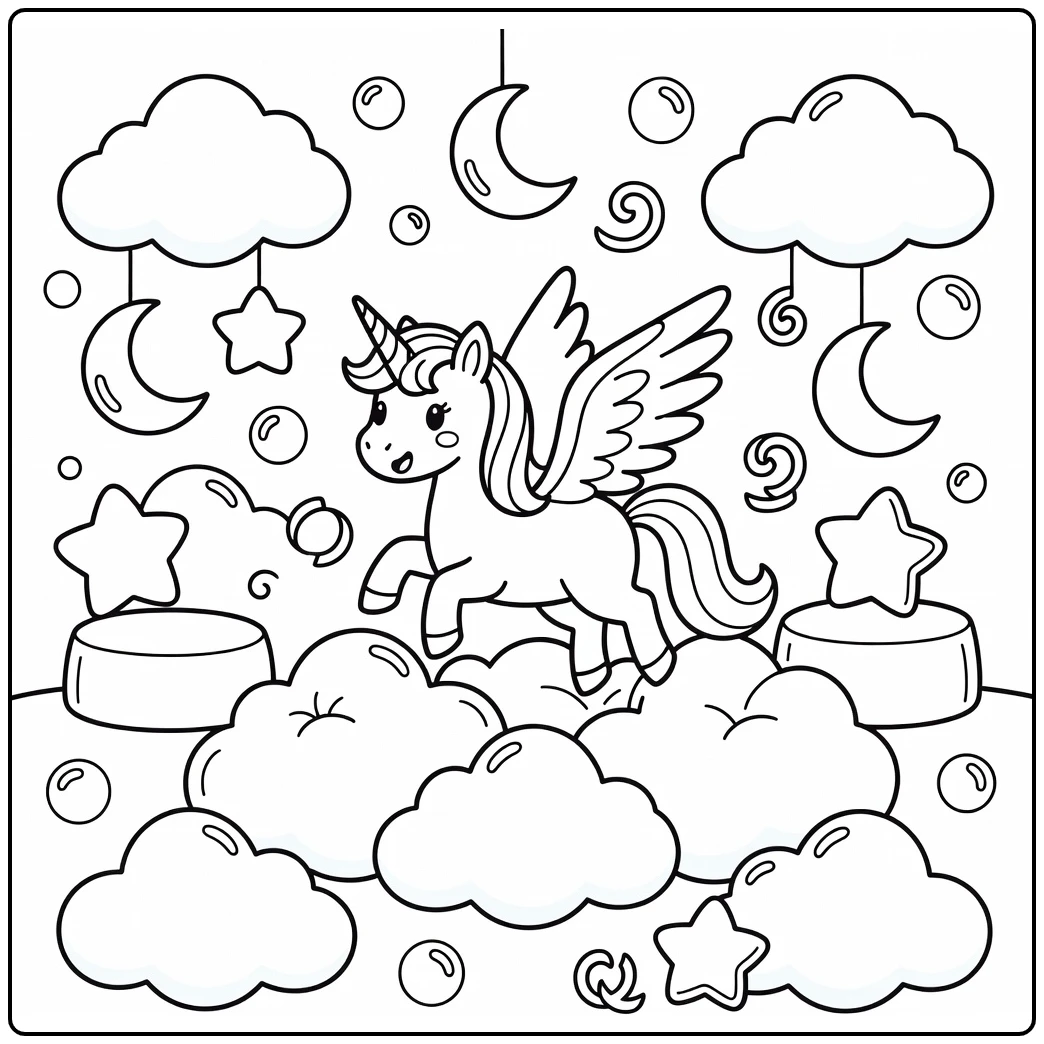 Playful alicorn diving into cloud pillows alicorn coloring page