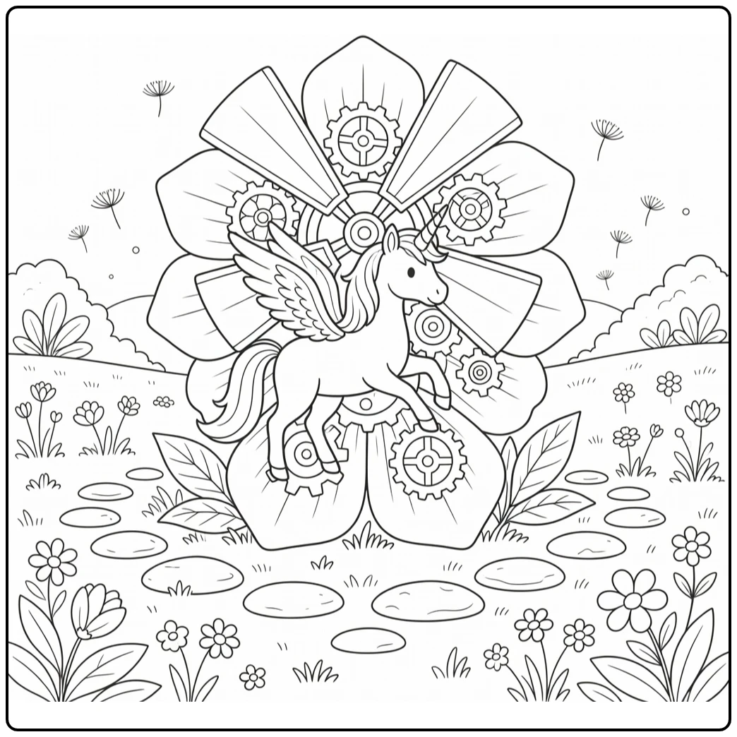 Whimsical alicorn coloring page in flower windmill