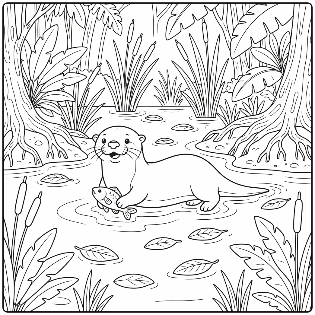 amazon rainforest animal coloring page giant otter with fish