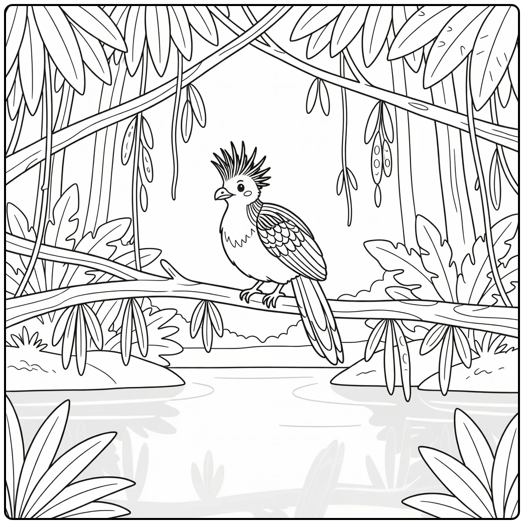 Amazon rainforest animal coloring page: hoatzin on branch over water