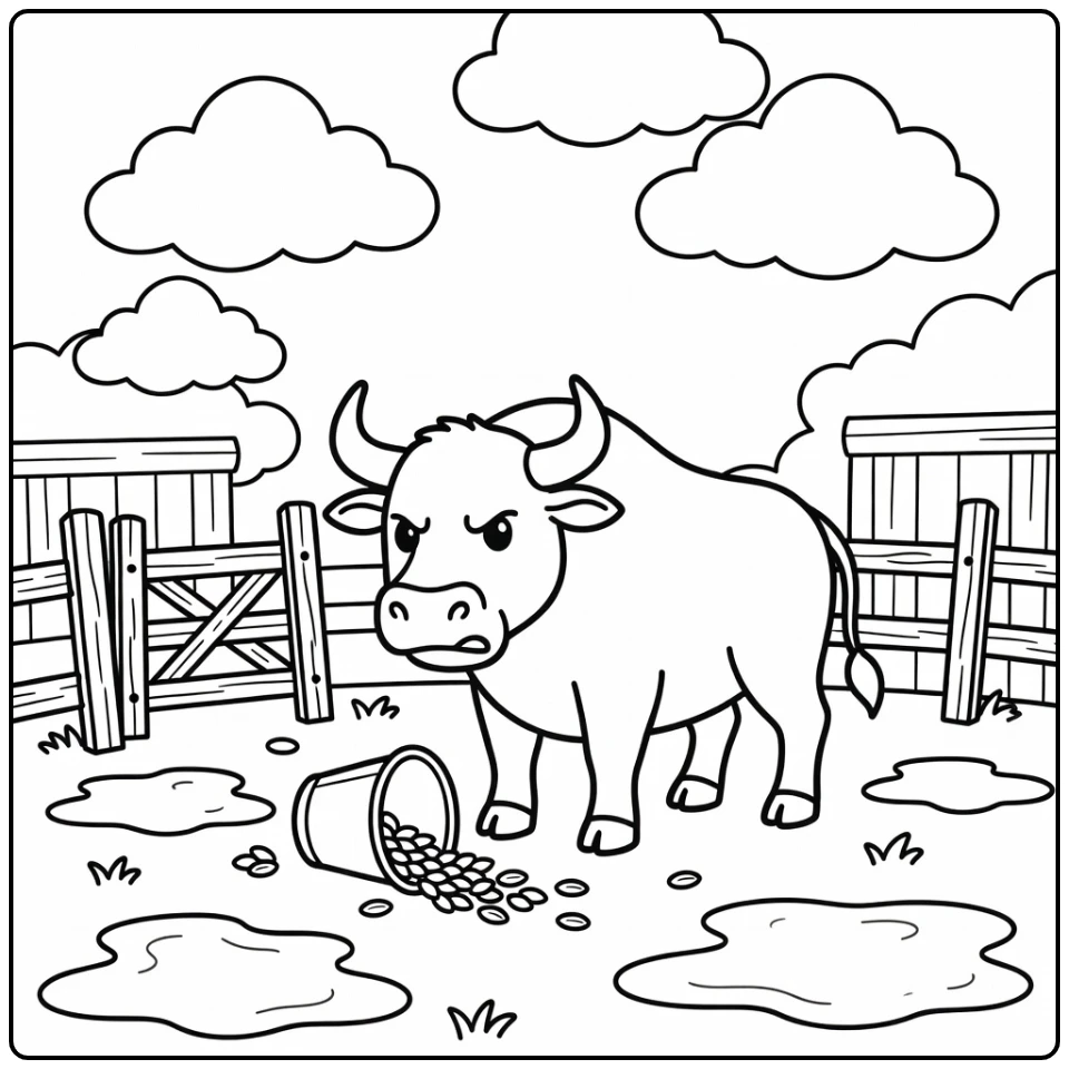 Angry bull coloring pages: stormy farmyard glare at bucket