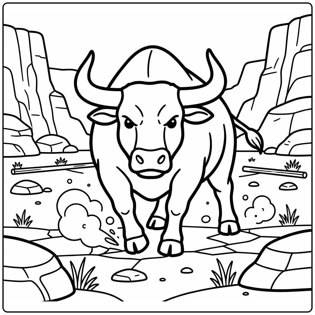 Angry bull coloring pages: fierce bull charging in canyon