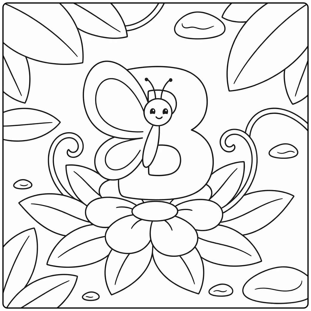 Animal alphabet coloring page with butterfly forming letter B