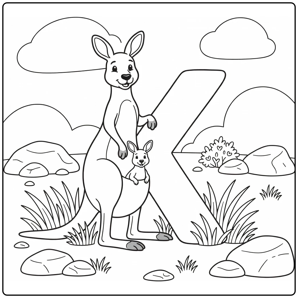 Animal alphabet coloring page with kangaroo as letter K