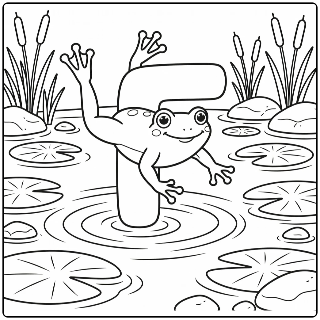 Animal alphabet coloring page with frog forming letter F