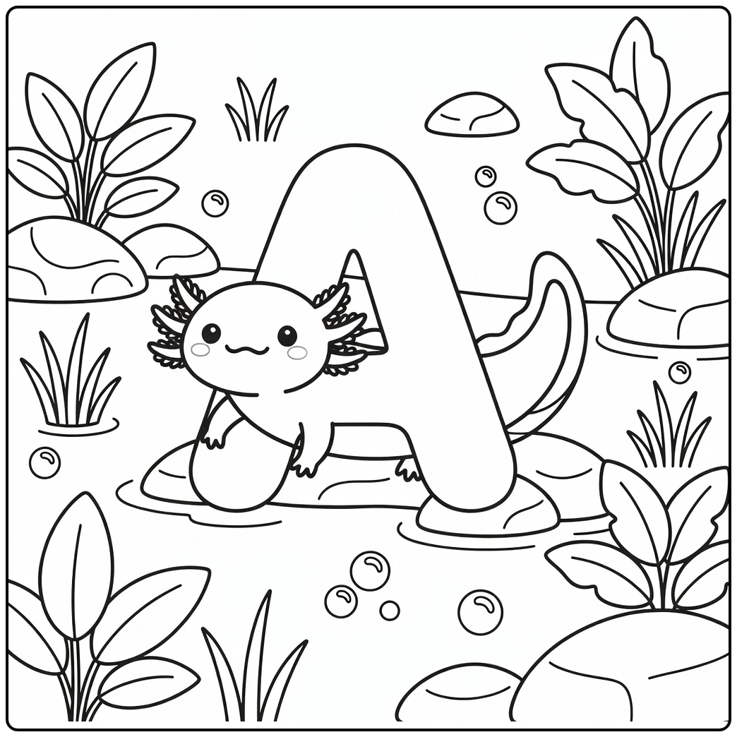 Axolotl animal alphabet coloring page forming letter A
