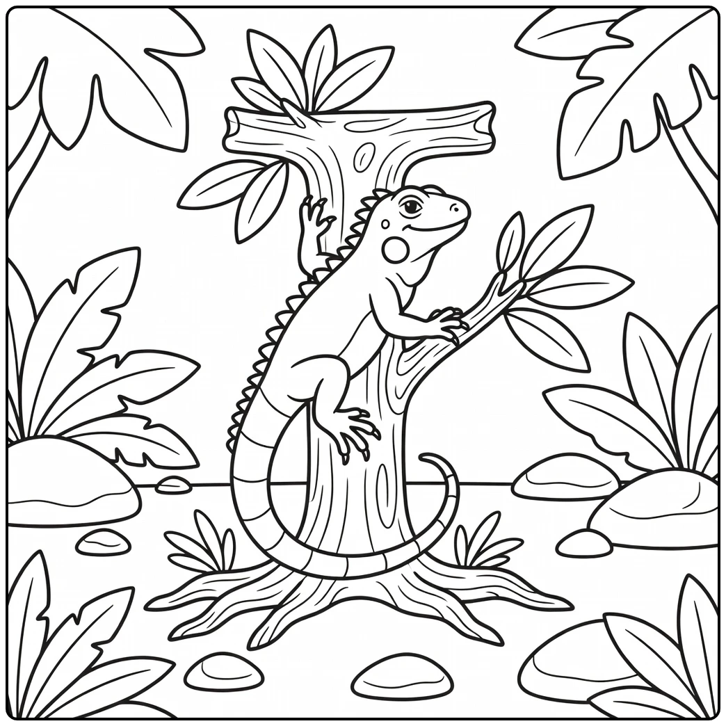 Animal alphabet coloring page featuring iguana and letter I