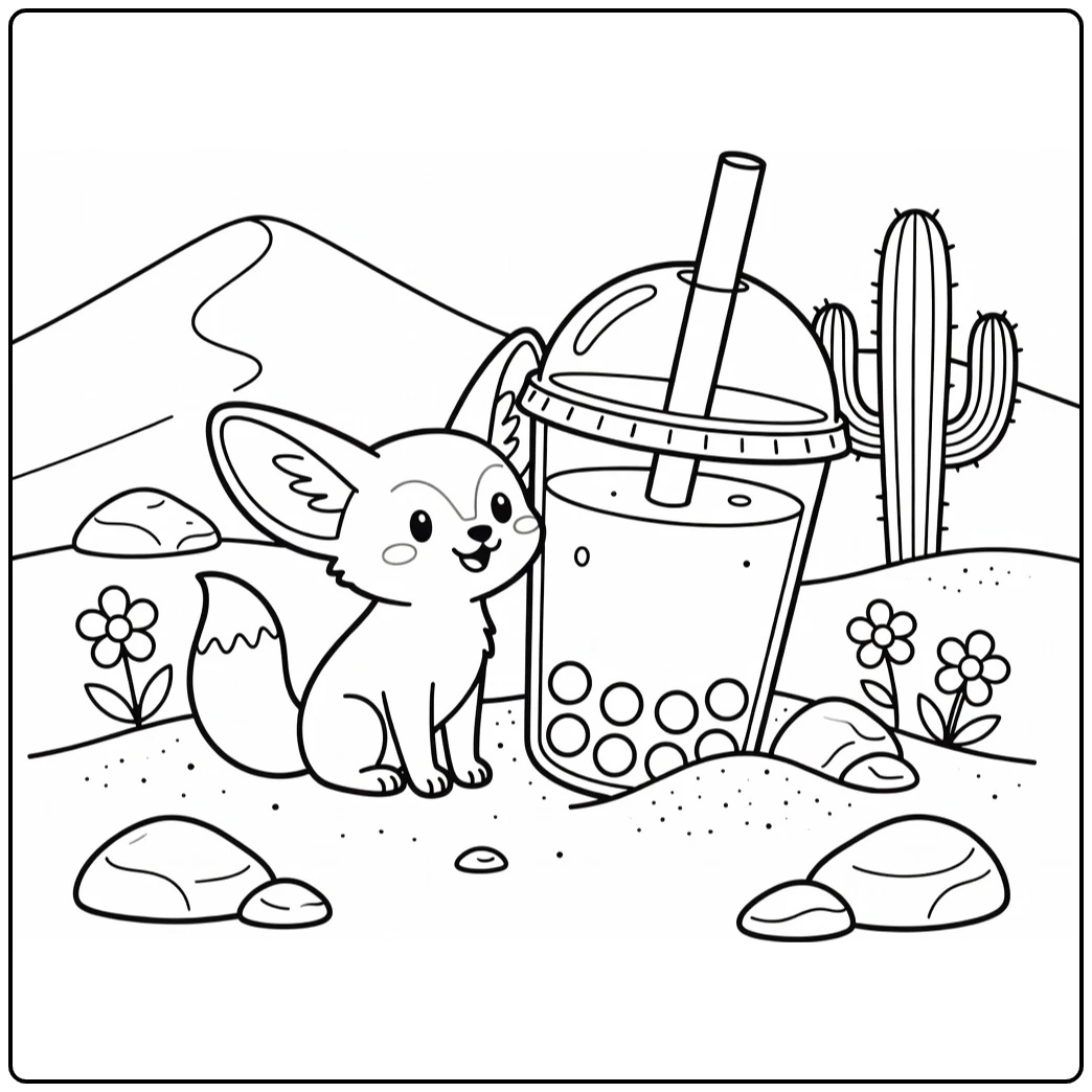 Animal boba tea coloring page fennec fox desert boba cup