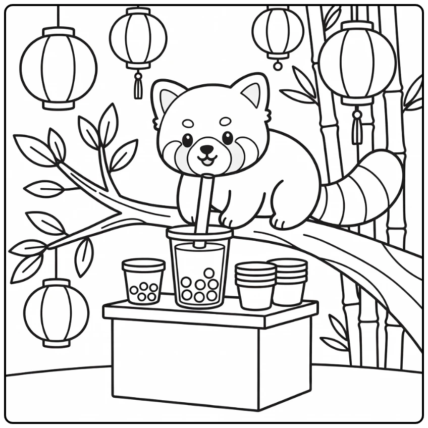 Red panda boba scene in animal boba tea coloring page