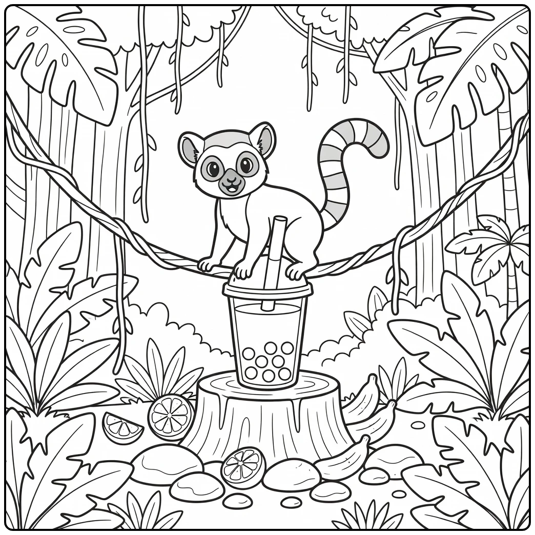 Lemur animal boba tea coloring page on jungle vine