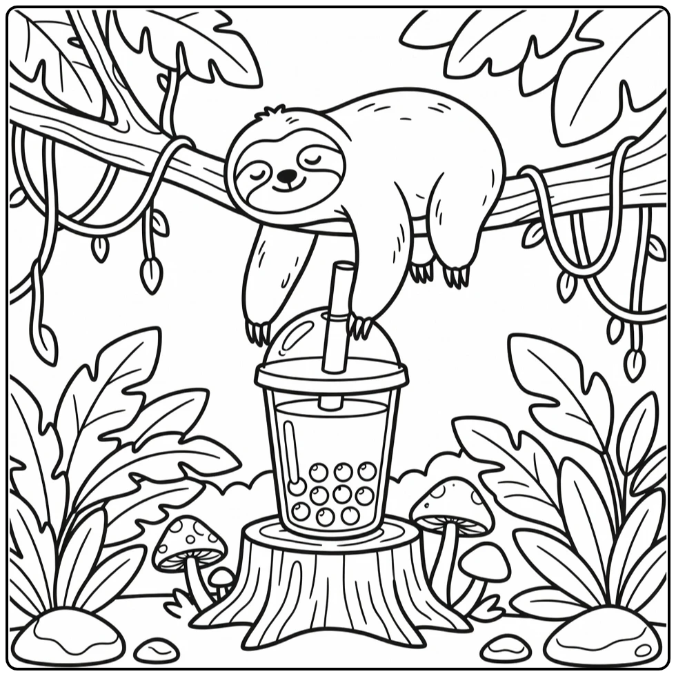 Animal boba tea coloring page with sleepy sloth in jungle