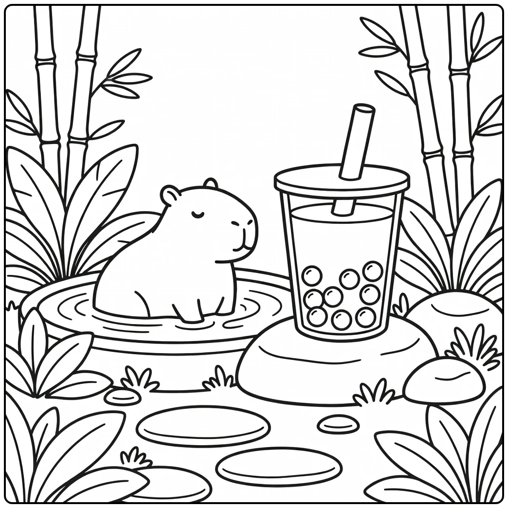 Capybara garden scene animal boba tea coloring page