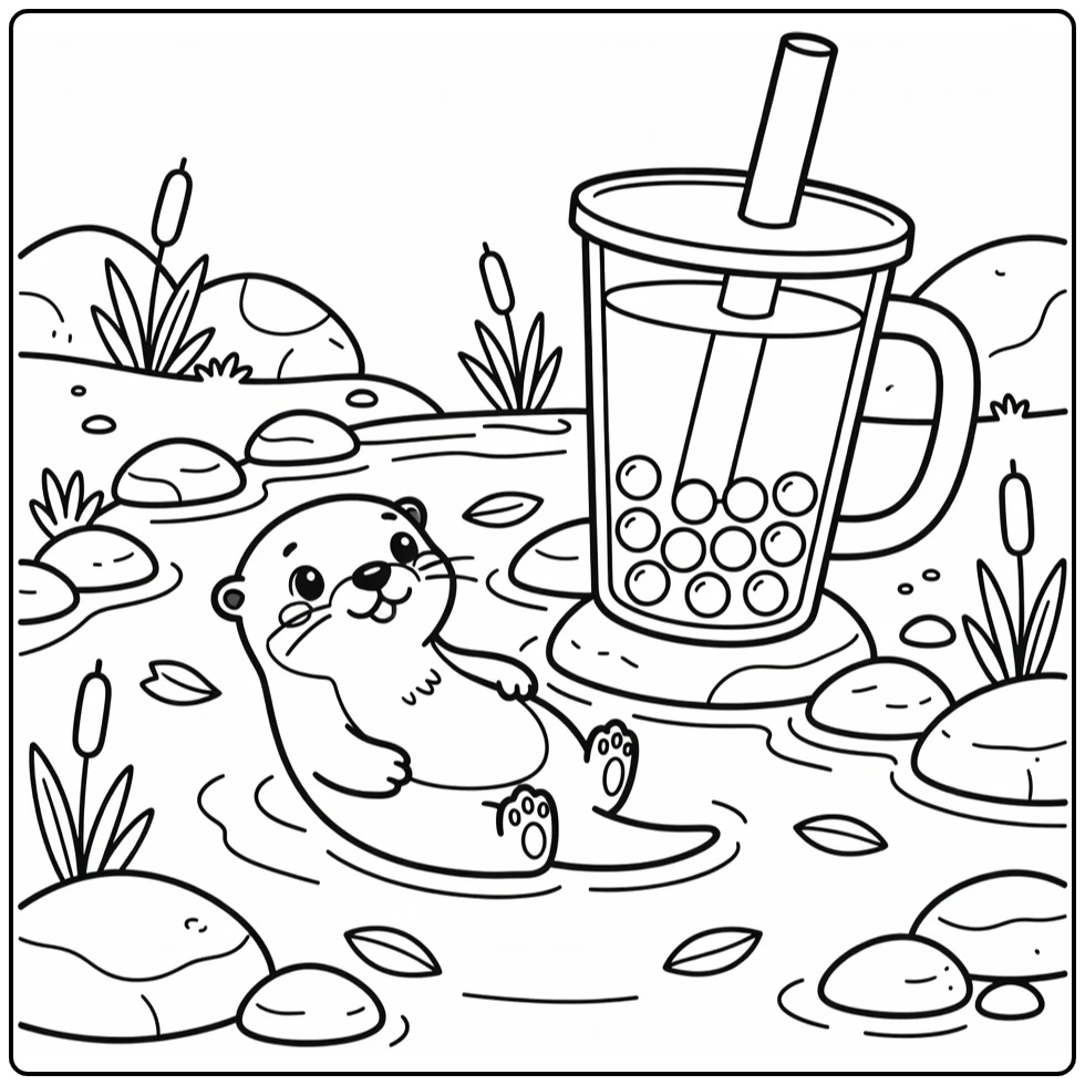 Cute otter in animal boba tea coloring page by stream