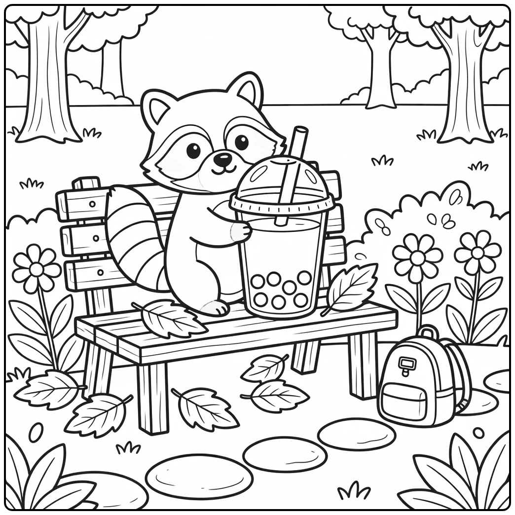 Playful raccoon in animal boba tea coloring page