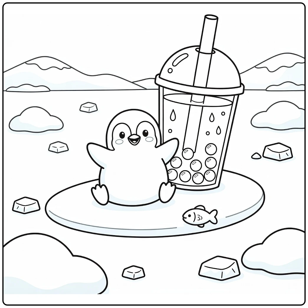 Cute penguin at boba tea in animal boba tea coloring page