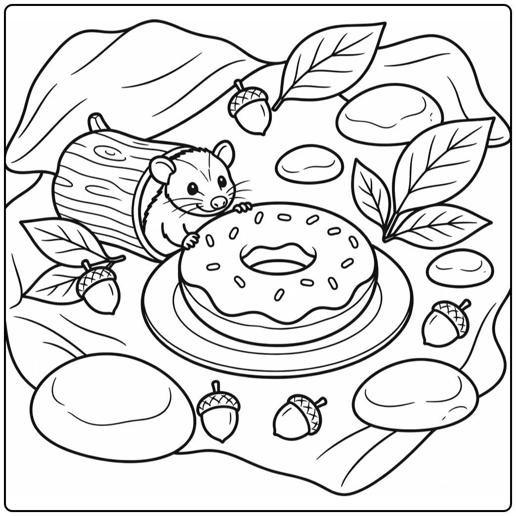 animal donut coloring page with opossum peeking from log