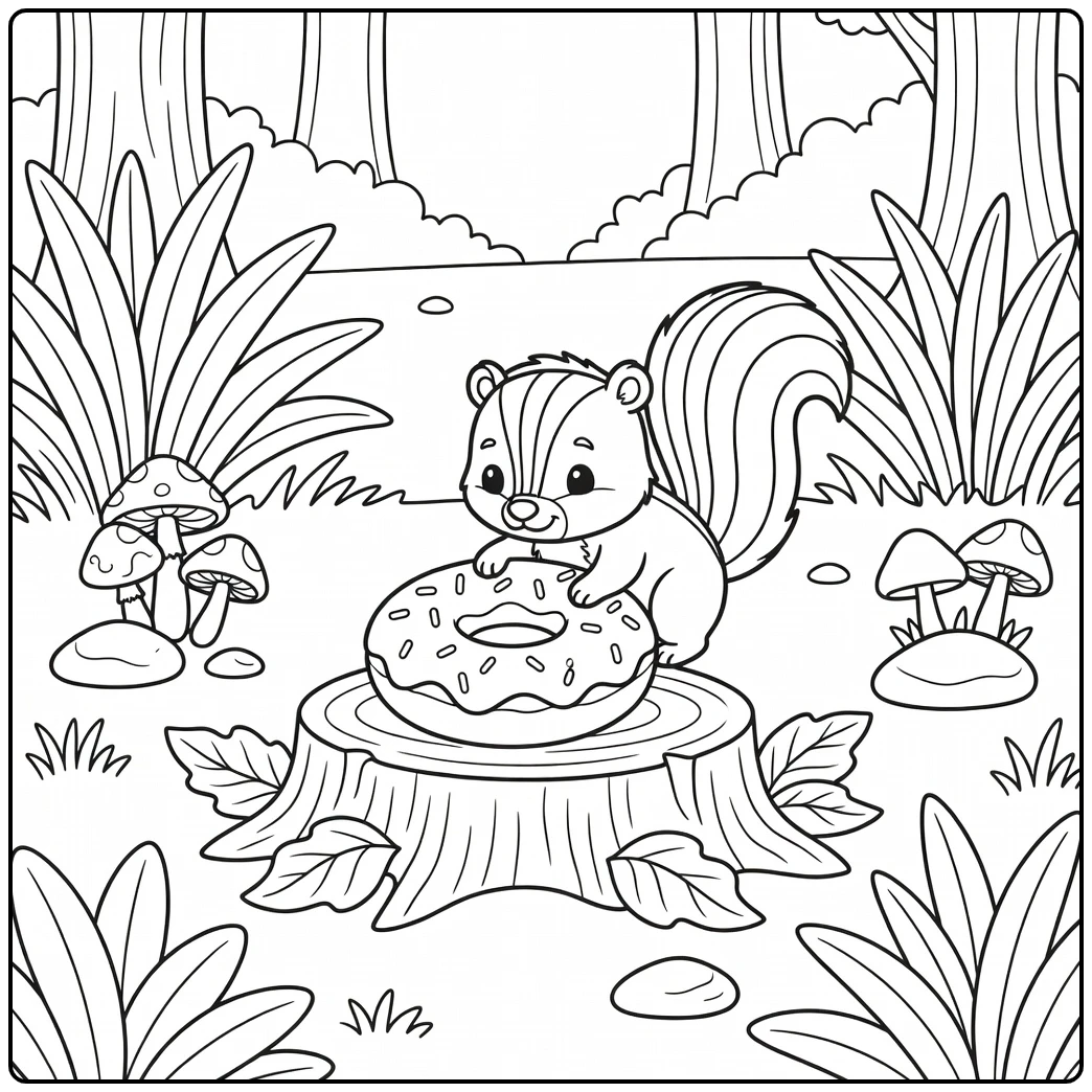 Animal donut coloring page skunk sniffing donut on stump