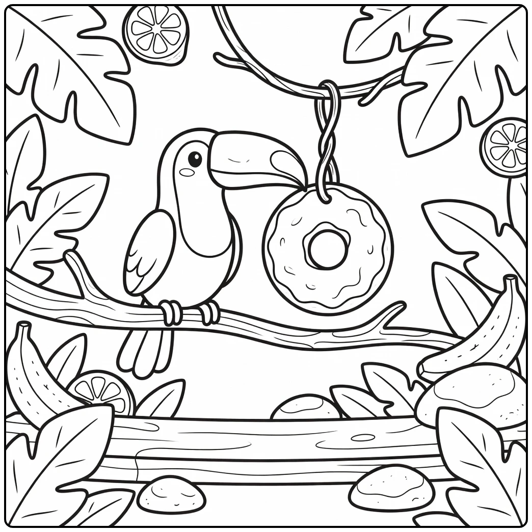 Animal donut coloring page with toucan and donut on jungle vine