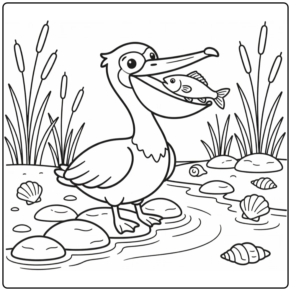 Animal food coloring page of pelican with fish by shore