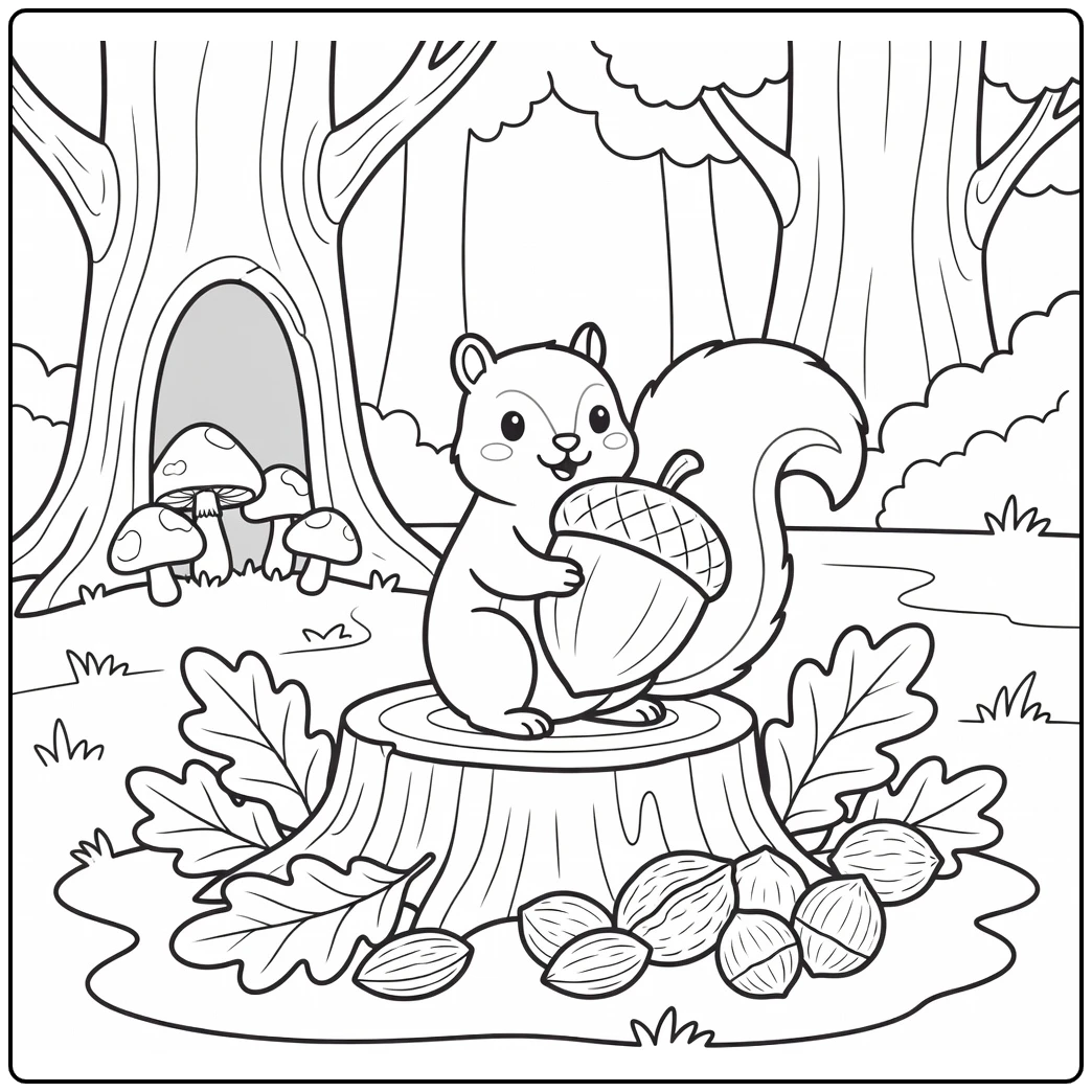 Animal food coloring page squirrel hugging acorn on stump