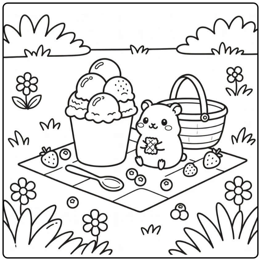 Animal ice cream coloring page hamster picnic scene