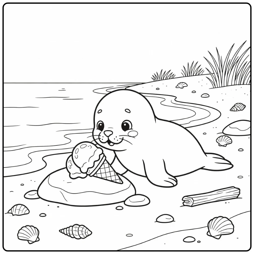Seal pup beach scene animal ice cream coloring page