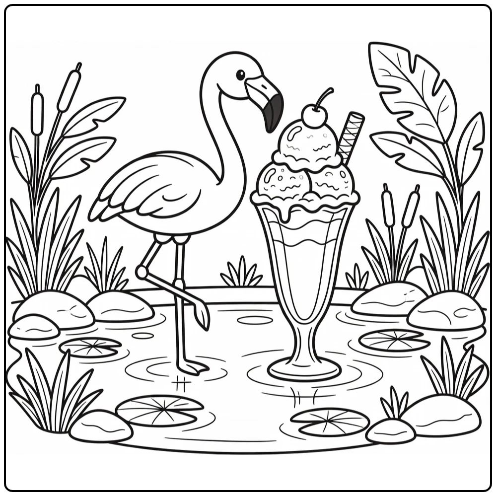 Flamingo in animal ice cream coloring page at lagoon edge