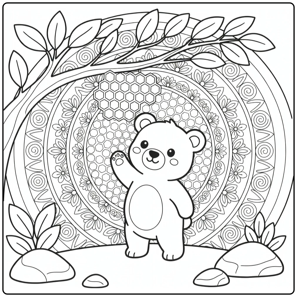 Bear reaching for honeycomb in animal mandala coloring pages