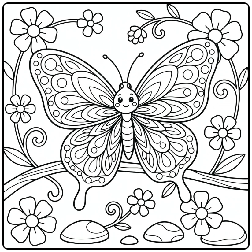 Animal mandala coloring pages: butterfly with petal wing designs