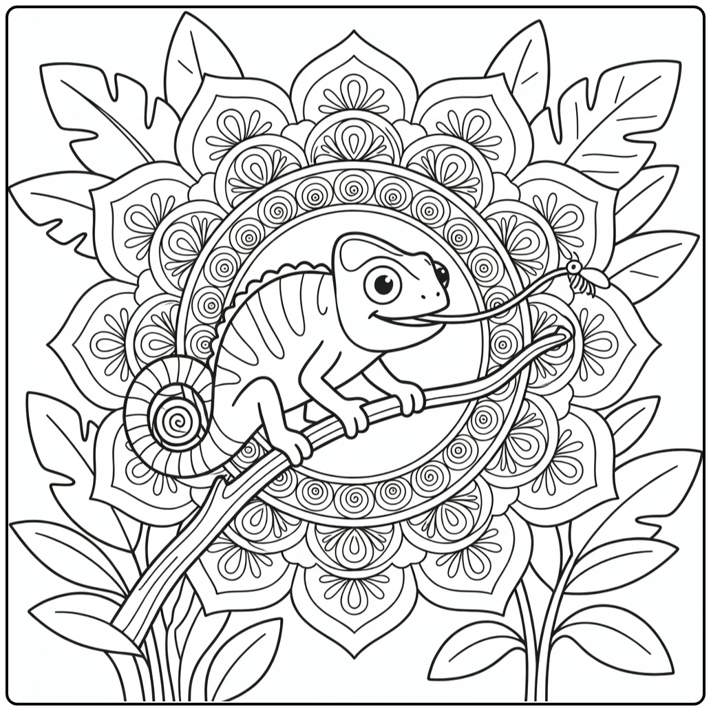 Chameleon on branch with mandala: animal mandala coloring pages