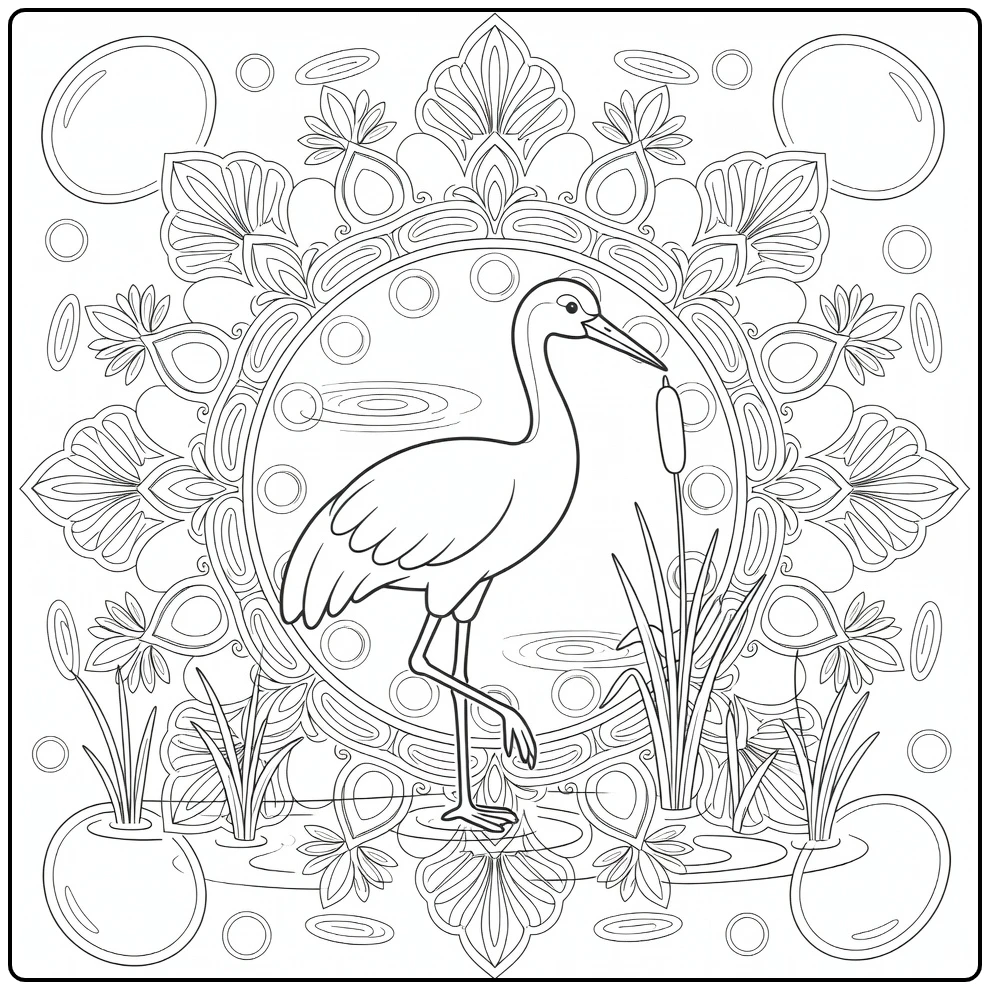 animal mandala coloring pages for adults: graceful crane in marsh