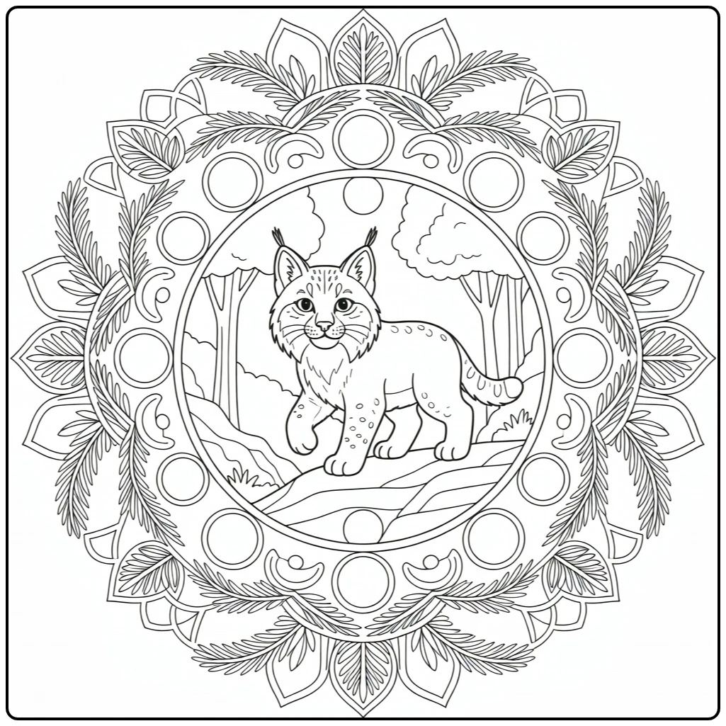 Animal mandala coloring pages for adults: alert lynx in pine mandala