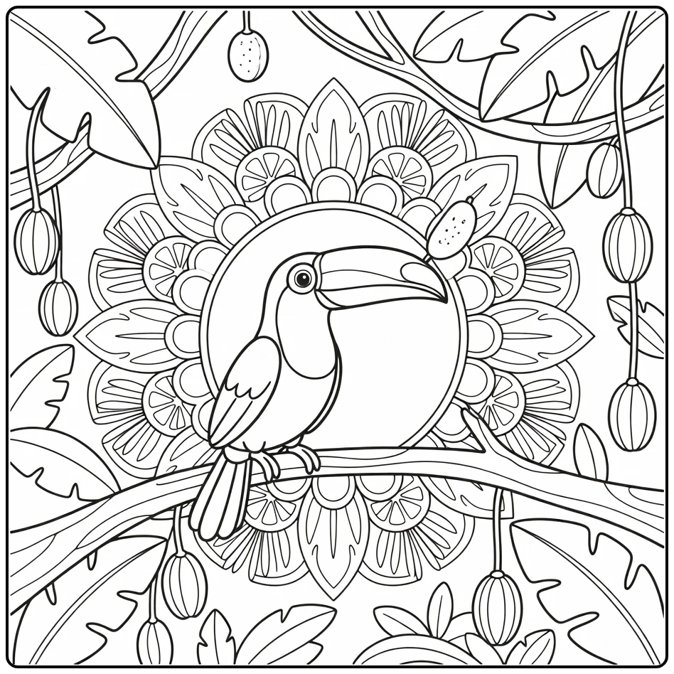 Animal mandala coloring pages for kids: toucan on branch reaching fruit
