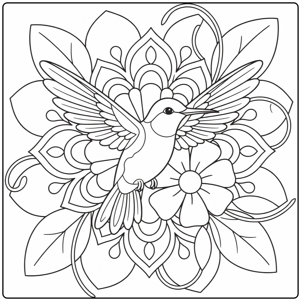 Hummingbird animal mandala coloring pages with blossom vines