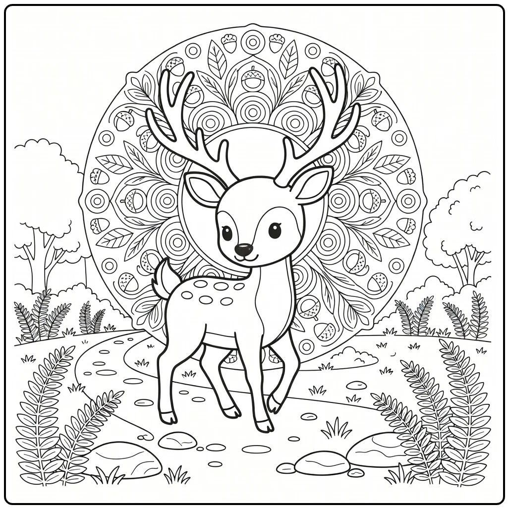 Animal mandala coloring pages: Deer with forest mandala antlers