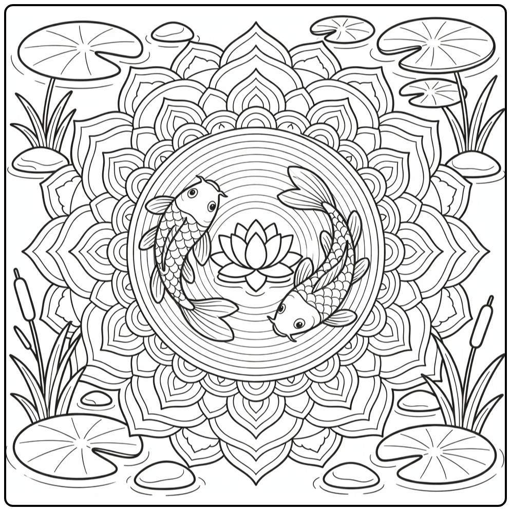 Animal mandala coloring pages: koi fish circling water lily