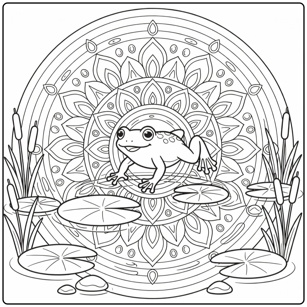 Animal mandala coloring pages: frog leaping lily pads with ripple pattern