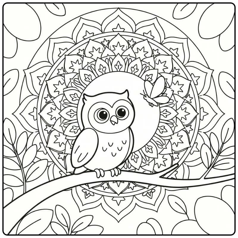 Animal mandala coloring pages: owl eyes moth on branch